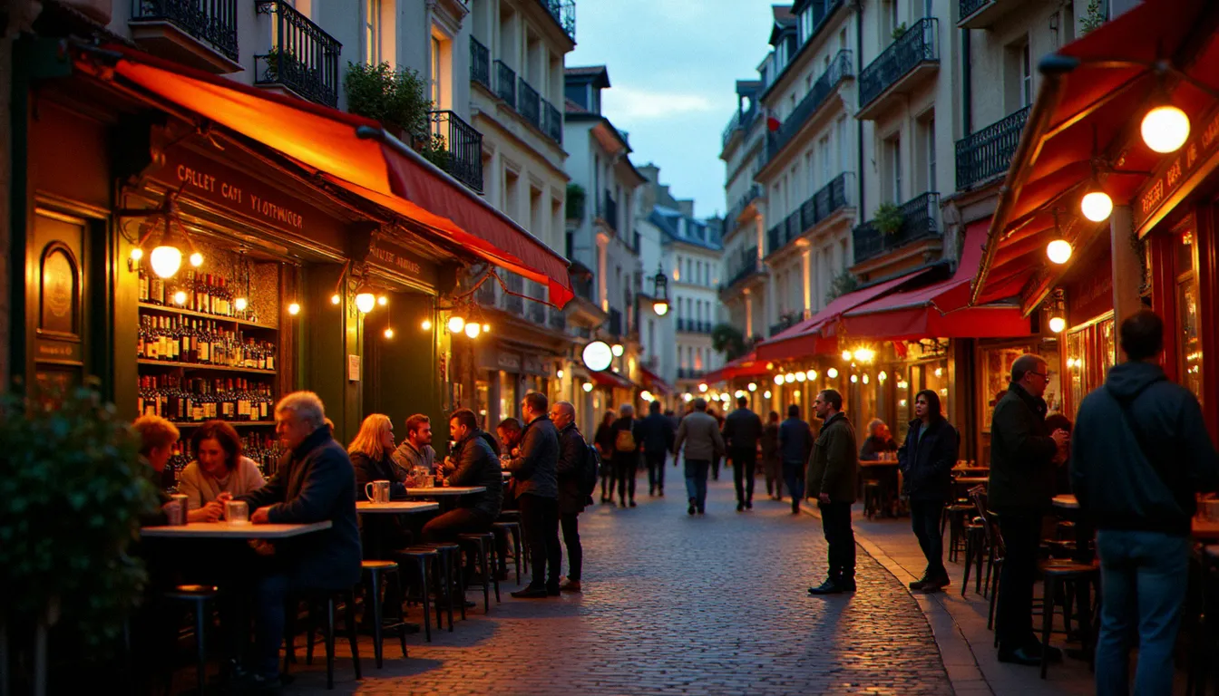 Vue d'une rue animée d'une ville française au crépuscule avec des personnes devant un bar, représentant la vie sociale et les rencontres à Caen