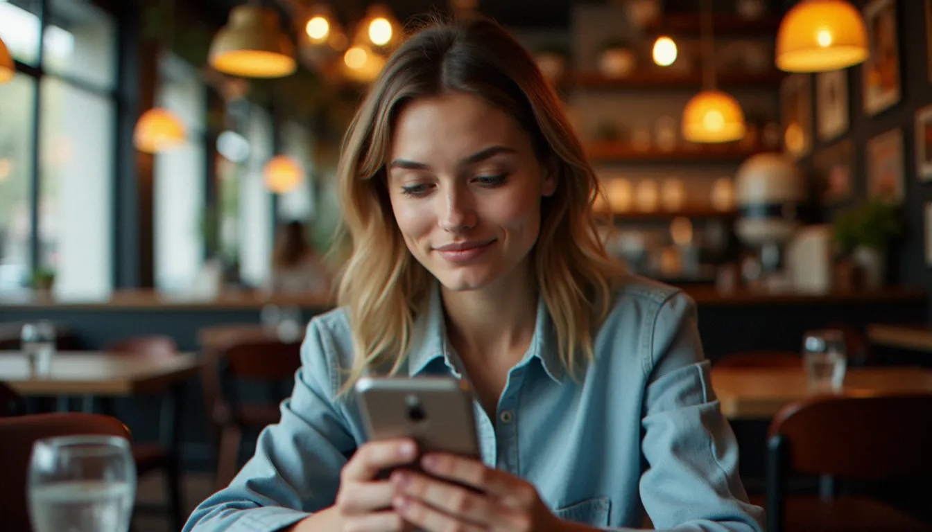 Femme consultant un site de rencontre sur smartphone dans un café moderne, illustrant la recherche de sexe à Caen