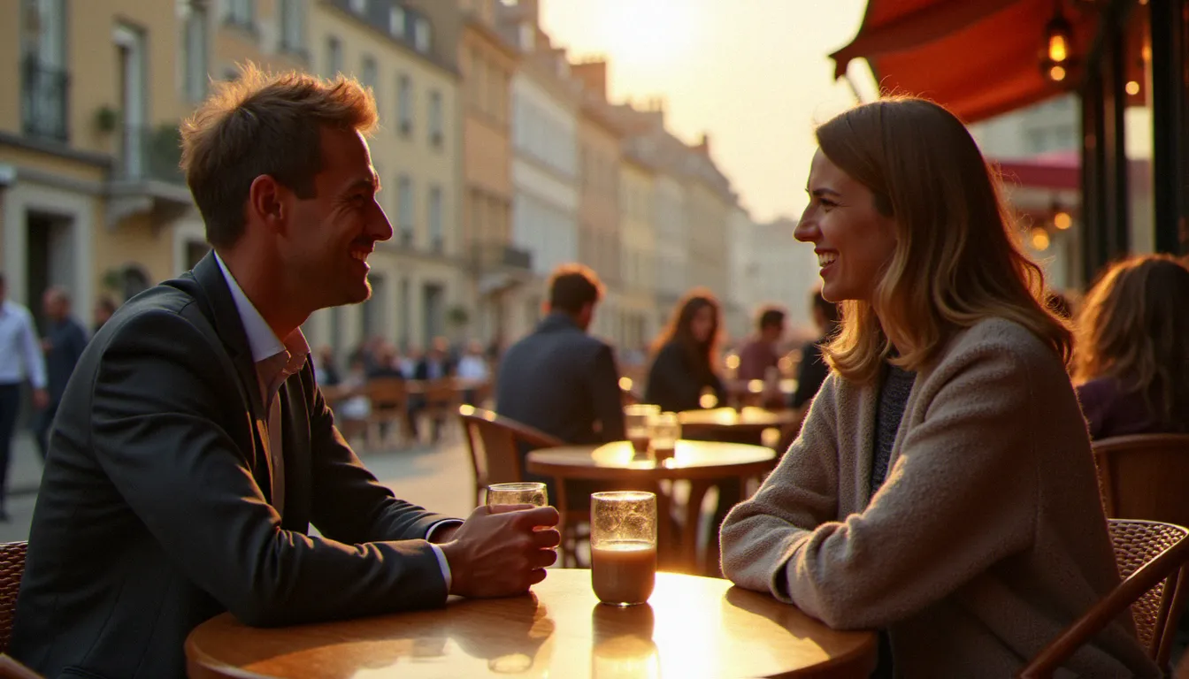 Premier rendez-vous entre deux adultes en terrasse de café à Dijon, illustrant une rencontre sûre et consentie dans un lieu public