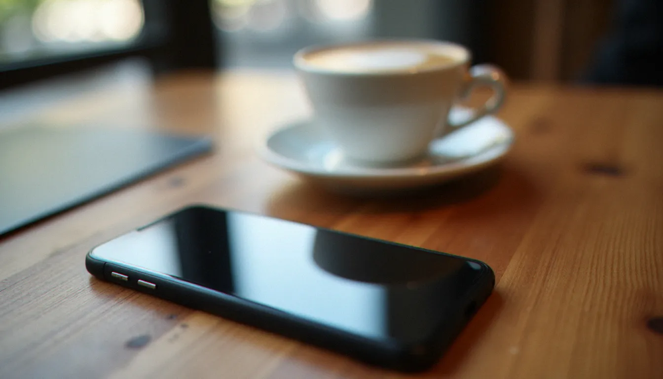 Smartphone posé sur une table de café à Dijon affichant une application de rencontres, illustrant la recherche de sexe à Dijon via le numérique