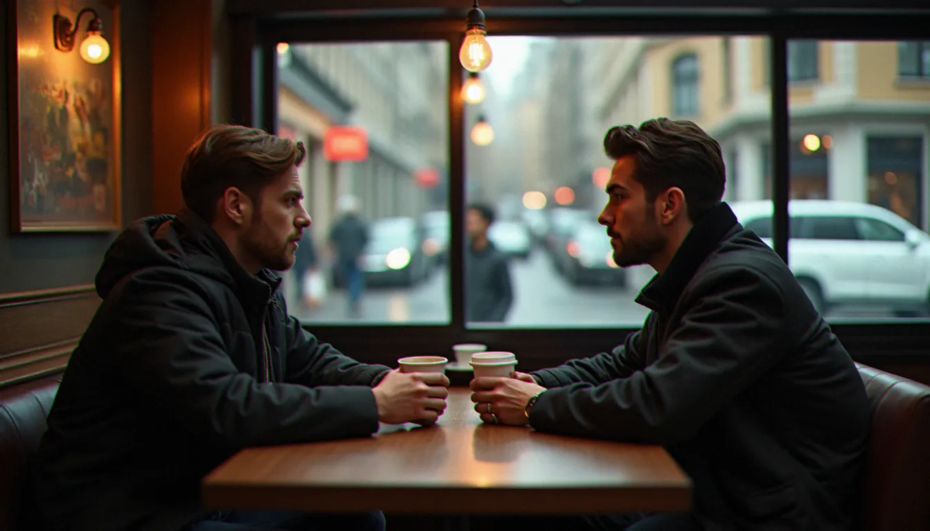 Première rencontre entre deux adultes dans un café animé, illustration d'une approche prudente et responsable des rencontres coquines