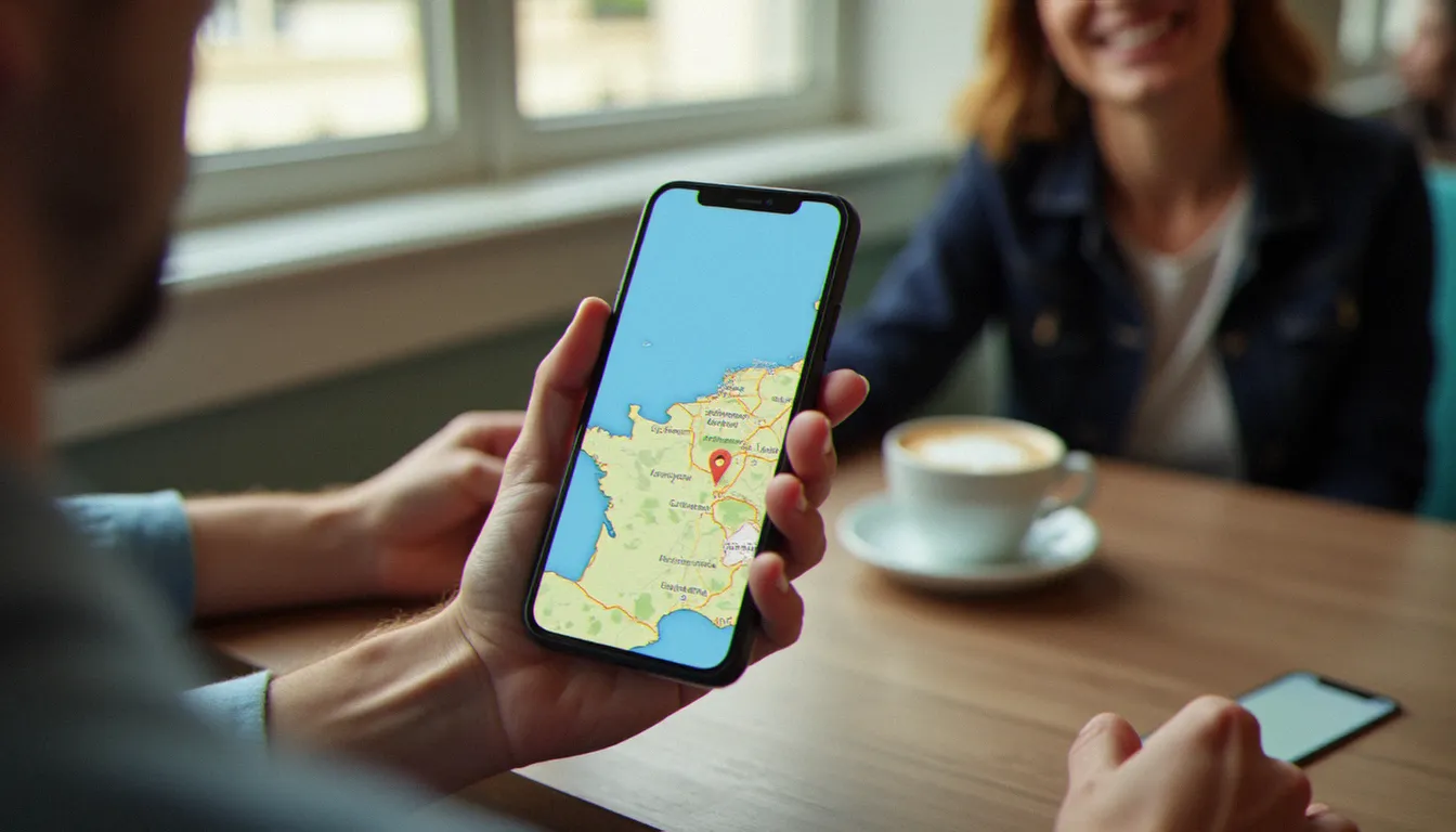 Smartphone affichant une application de rencontre avec géolocalisation, posé sur une table de café à Grenoble