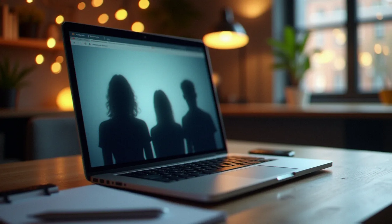 Ordinateur portable ouvert sur un bureau avec des profils flous visibles à l'écran et un carnet de notes, illustrant la comparaison de sites de rencontres coquines