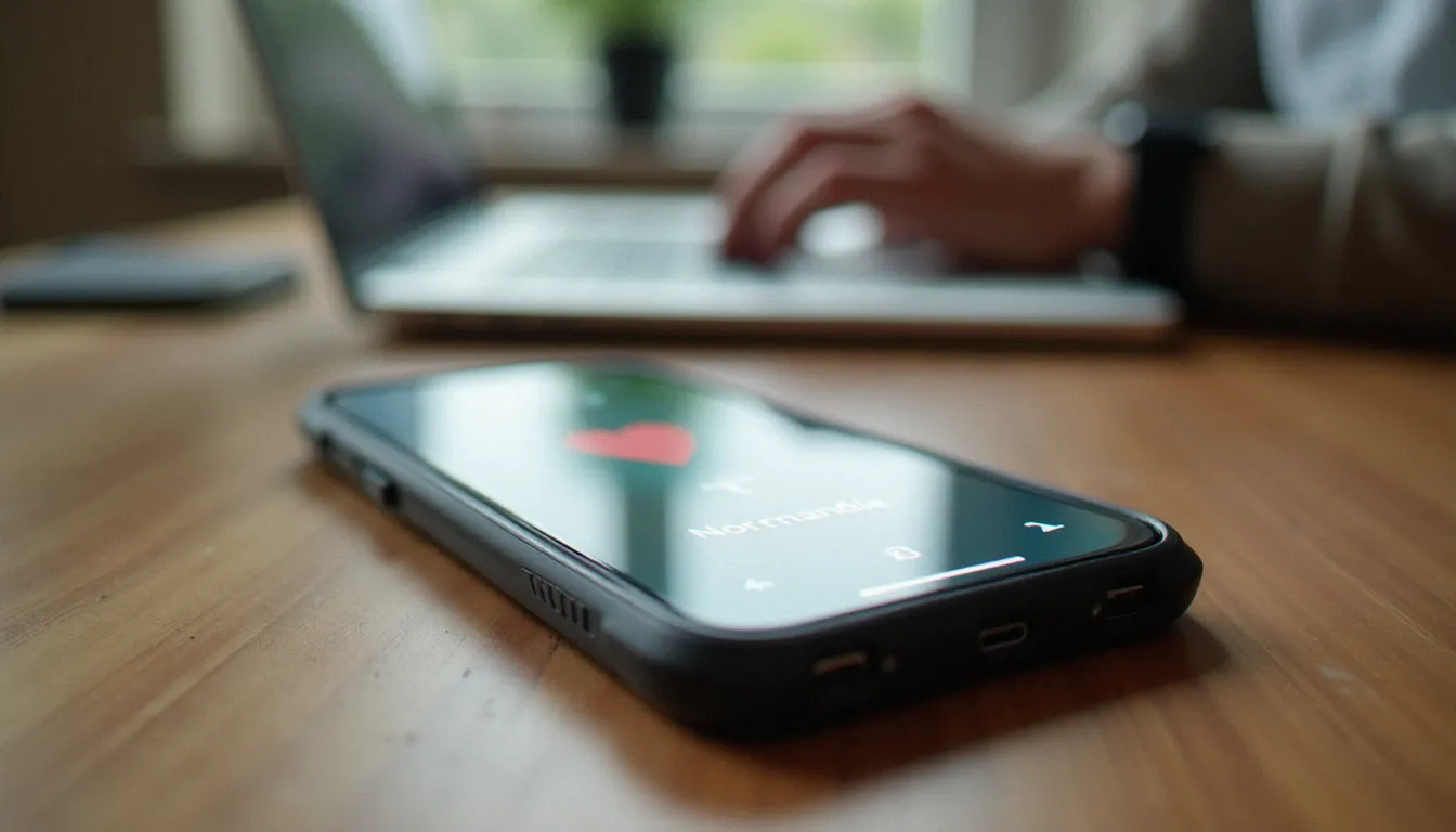 Smartphone posé sur un bureau affichant une interface d'application de rencontres floue avec une épingle de localisation, évoquant la recherche de sexe au Havre en ligne