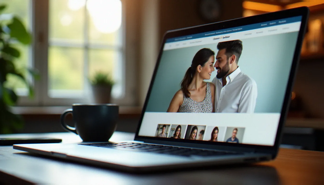 Écran d'ordinateur affichant une interface de site de rencontres adultes floue, représentant les plateformes de sexe en ligne à Lyon