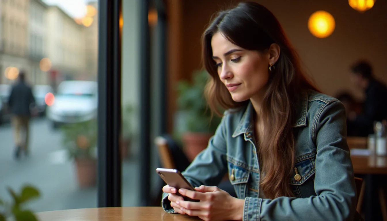 Femme consultant son téléphone dans un café lyonnais, illustrant la recherche de rencontres et de sexe à Lyon via les applications mobiles
