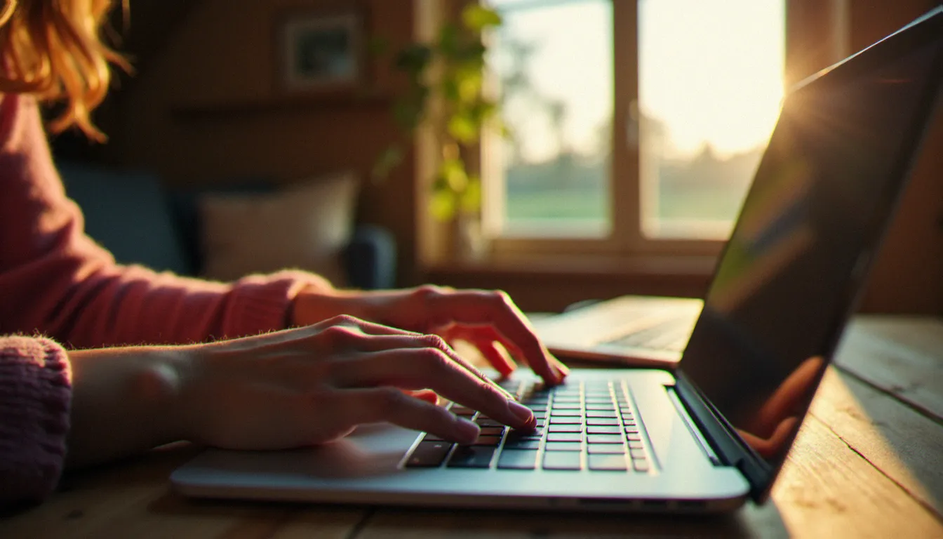 Mains sur un clavier d'ordinateur portable dans un intérieur rural français chaleureux, évoquant le travail de créateur de contenu numérique en région comme en Dordogne