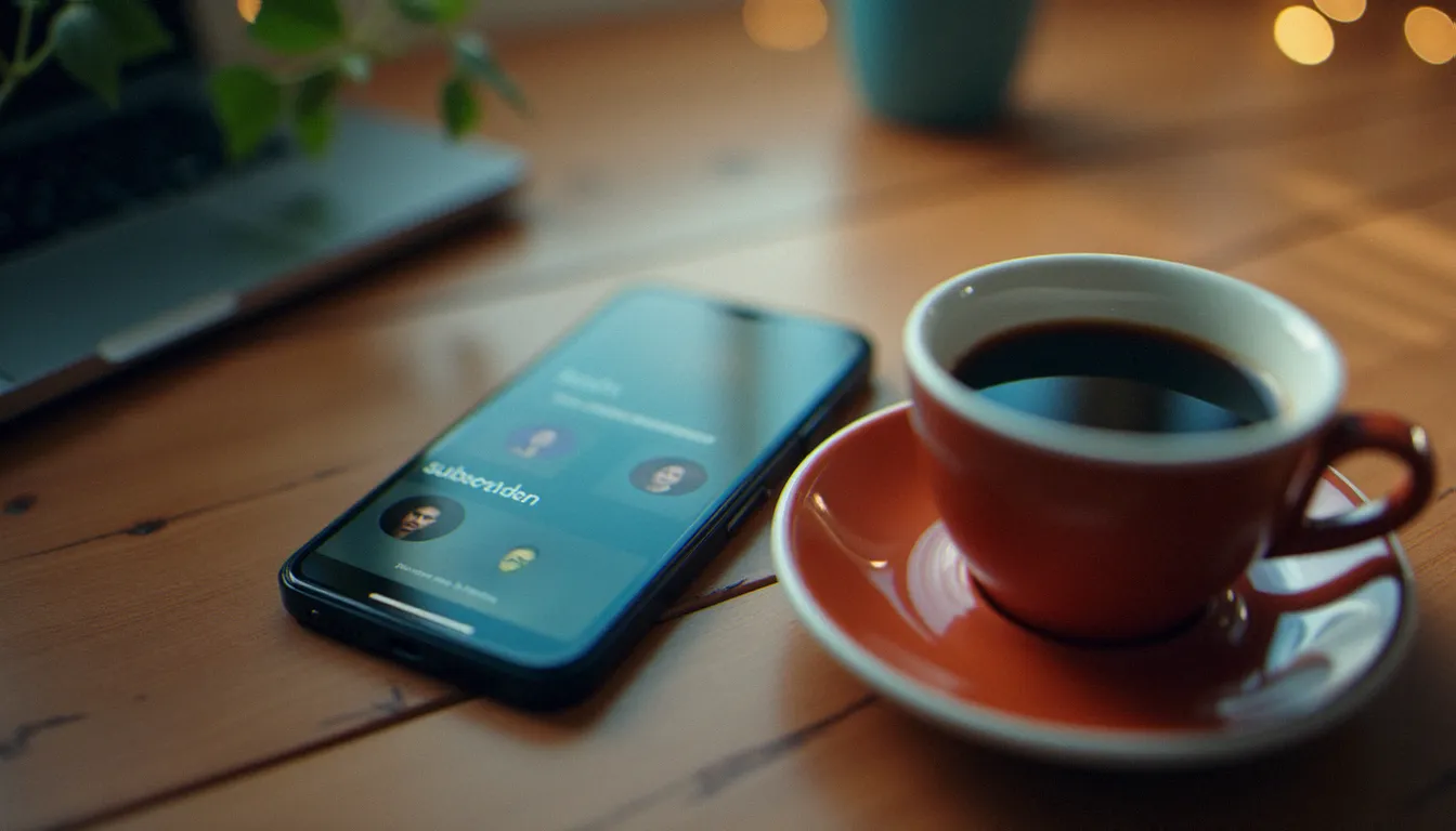 Smartphone affichant une interface d'application floue avec icônes de profil et d'abonnement, posé sur une table en bois, illustrant les plateformes de contenu adulte et les risques d'arnaques en ligne