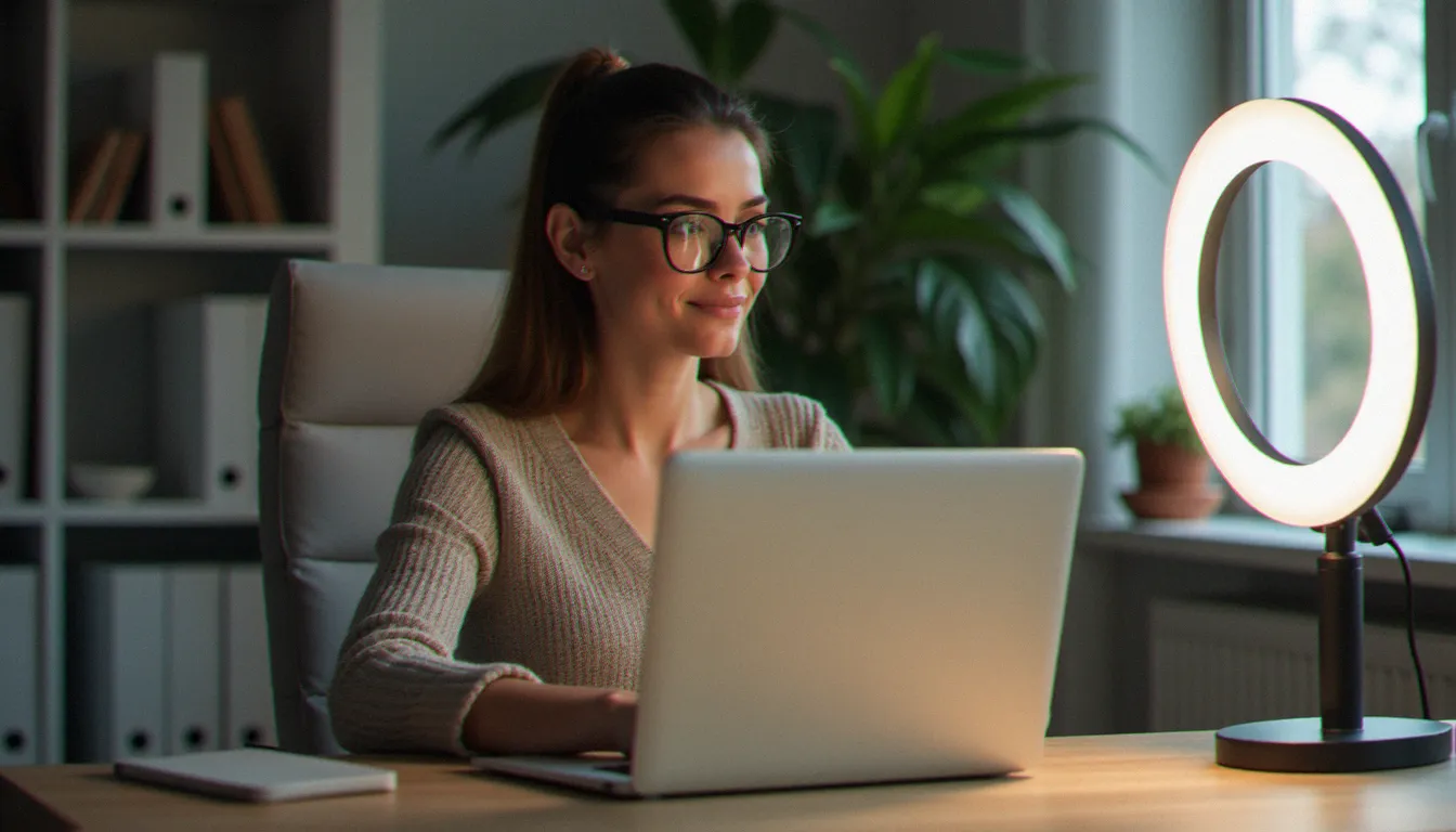 Femme travaillant à domicile devant un ordinateur portable avec un éclairage annulaire, illustrant l'univers des créateurs de contenu numérique adulte comme les sexe models à Bergerac