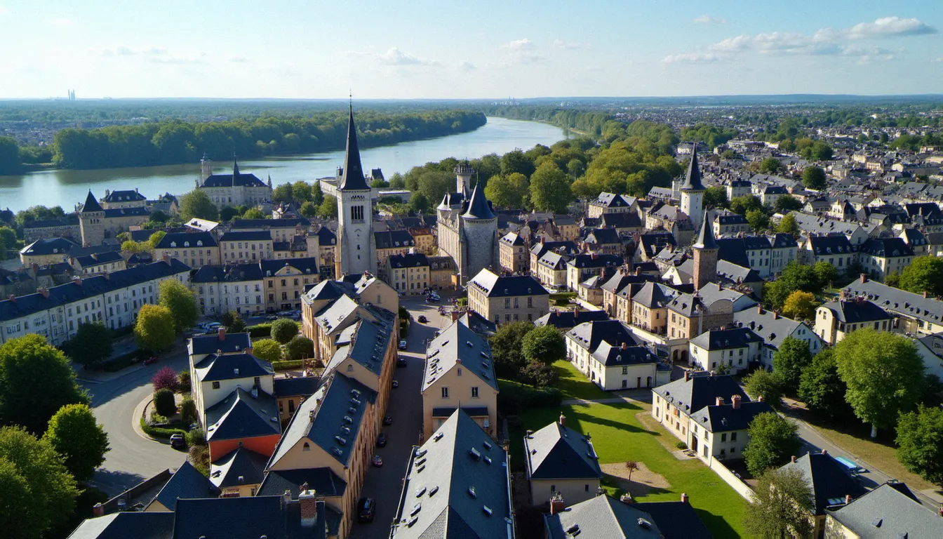 Vue aérienne du centre-ville de Blois avec la Loire, illustrant la localisation des créateurs de contenu adulte dans cette ville