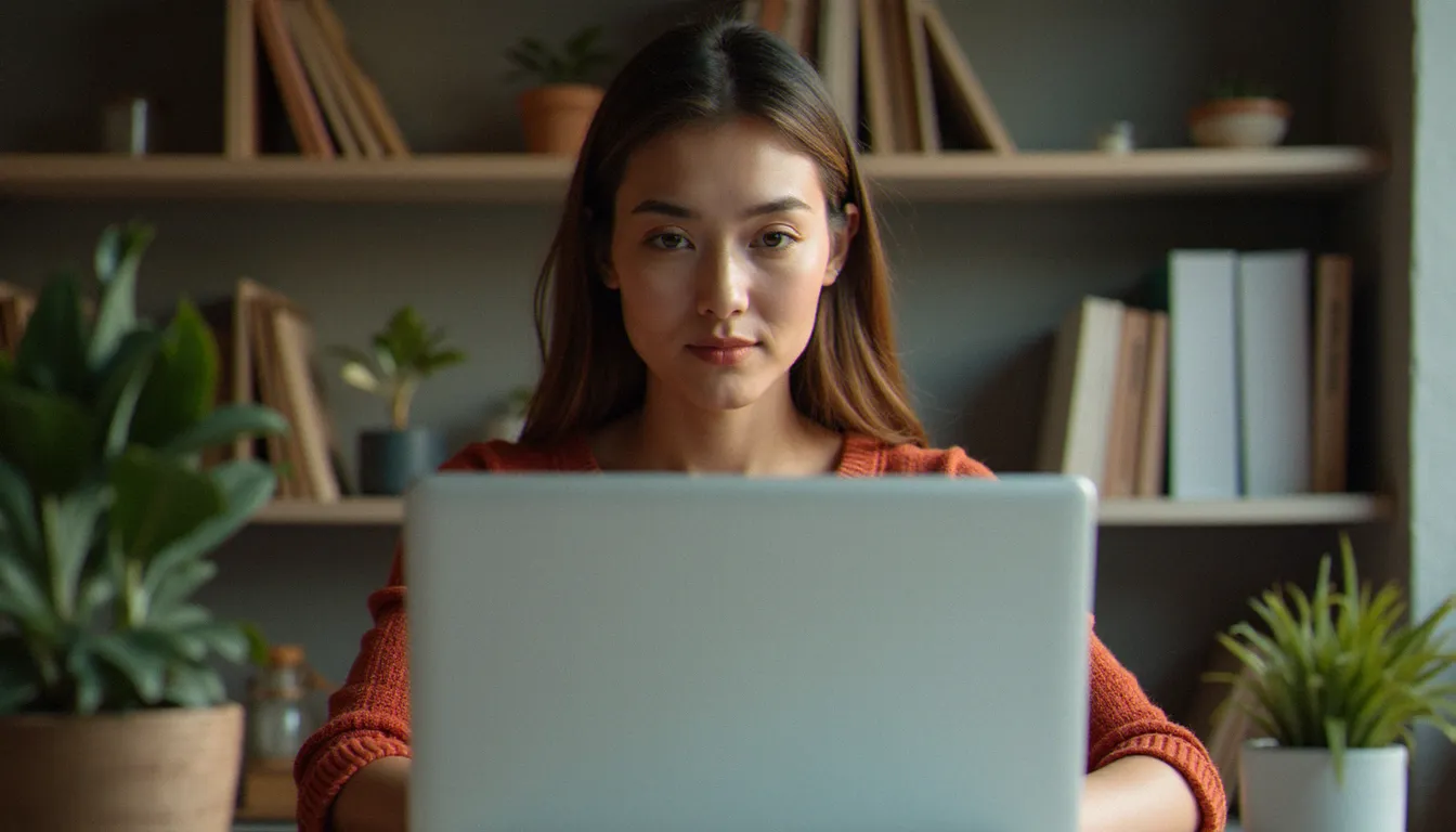 Une femme assise à un bureau moderne consulte des plateformes en ligne liées au marché des sexe models à Blois