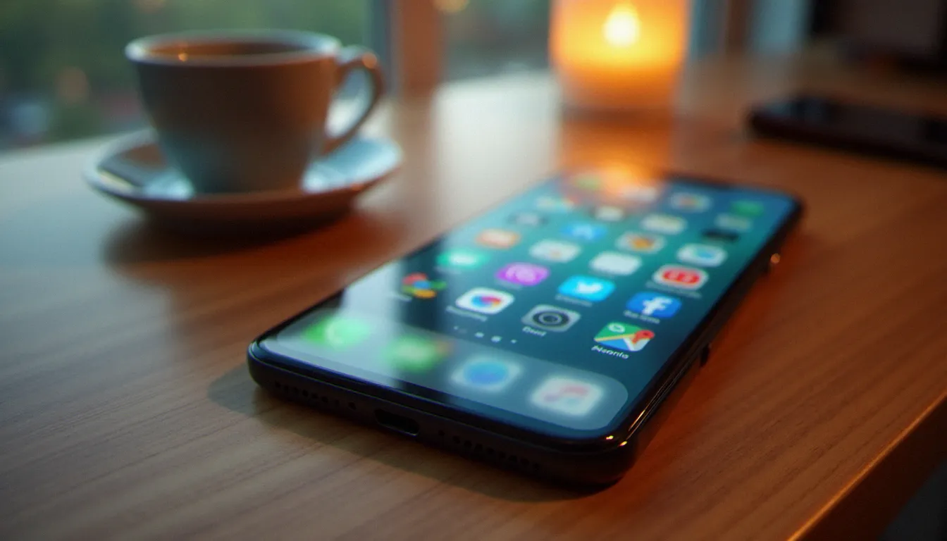 Smartphone posé sur un bureau affichant une interface floue d'application, symbolisant les plateformes de contenu numérique adulte