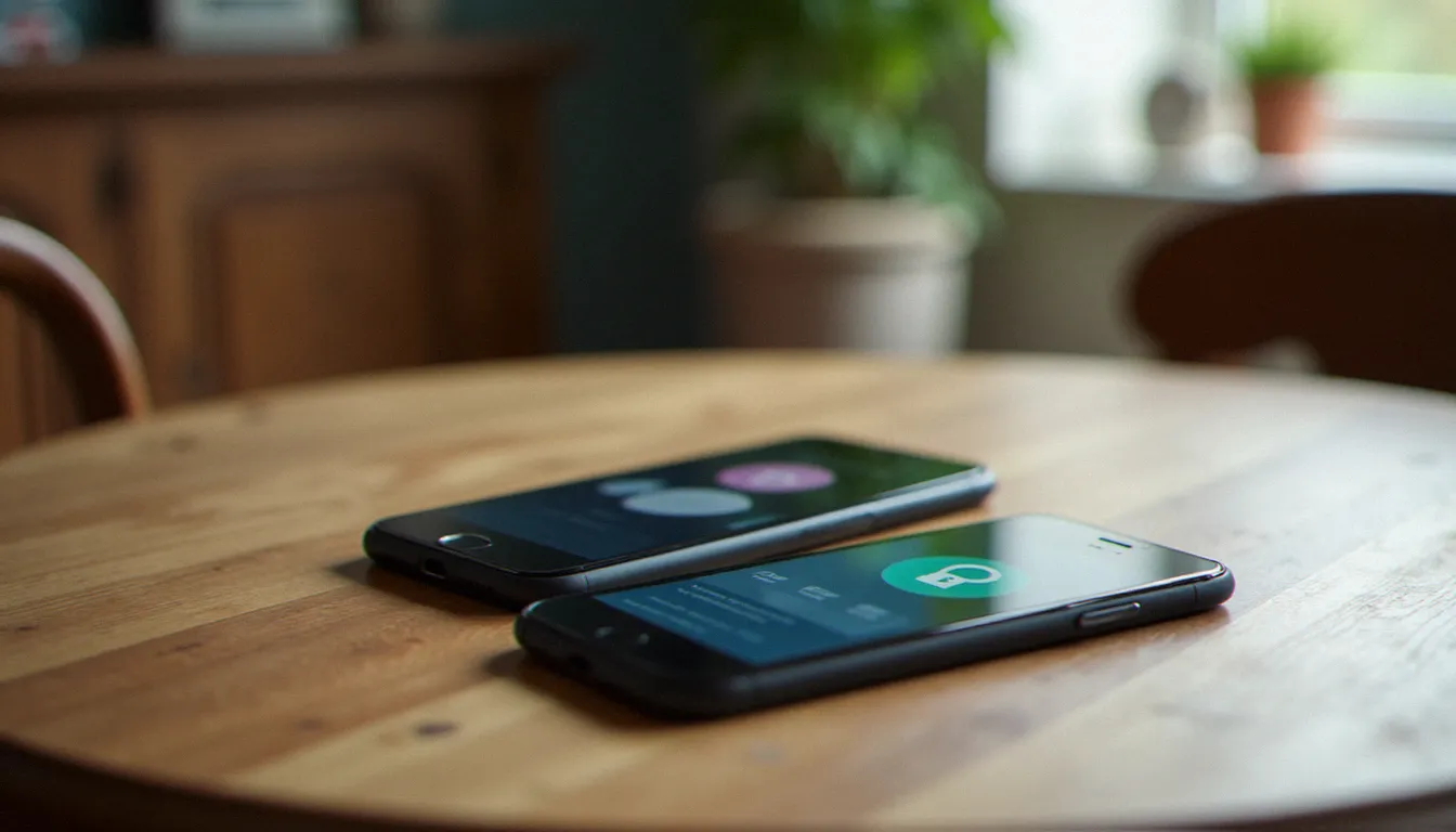 Deux smartphones affichant des interfaces de profil floues sur une table en bois, illustrant la comparaison de plateformes pour trouver un sexe model Cognac