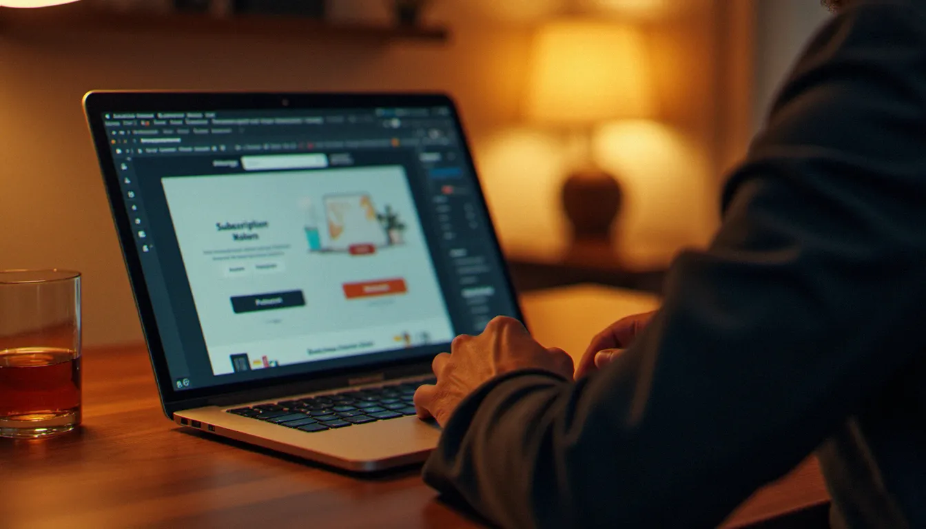 Bureau moderne avec ordinateur portable affichant une interface de plateforme floue, ambiance chaleureuse évoquant l'univers du sexe model Cognac en ligne