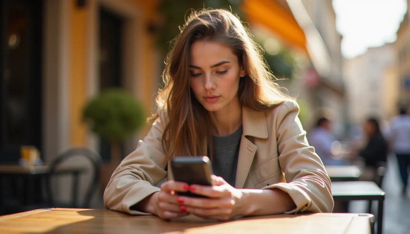 Une femme consultant une application de rencontre sur son smartphone dans un café de Montpellier, illustration de la recherche de sexe à Montpellier