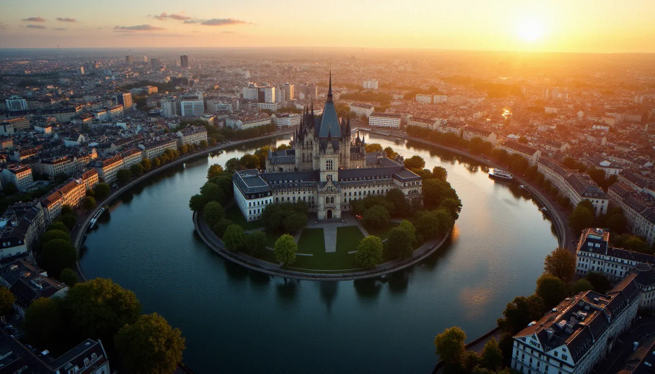 Vue aérienne du centre-ville de Nantes et de l'Île de Nantes au coucher du soleil, illustrant la métropole nantaise et son dynamisme démographique