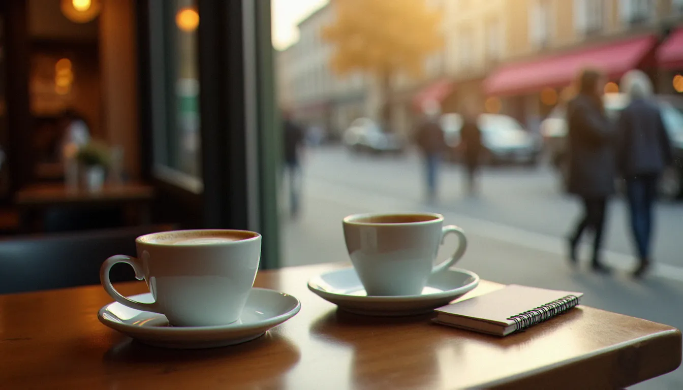 Deux tasses de café sur une table de café rennaise, évoquant un premier rendez-vous organisé via une plateforme de rencontre