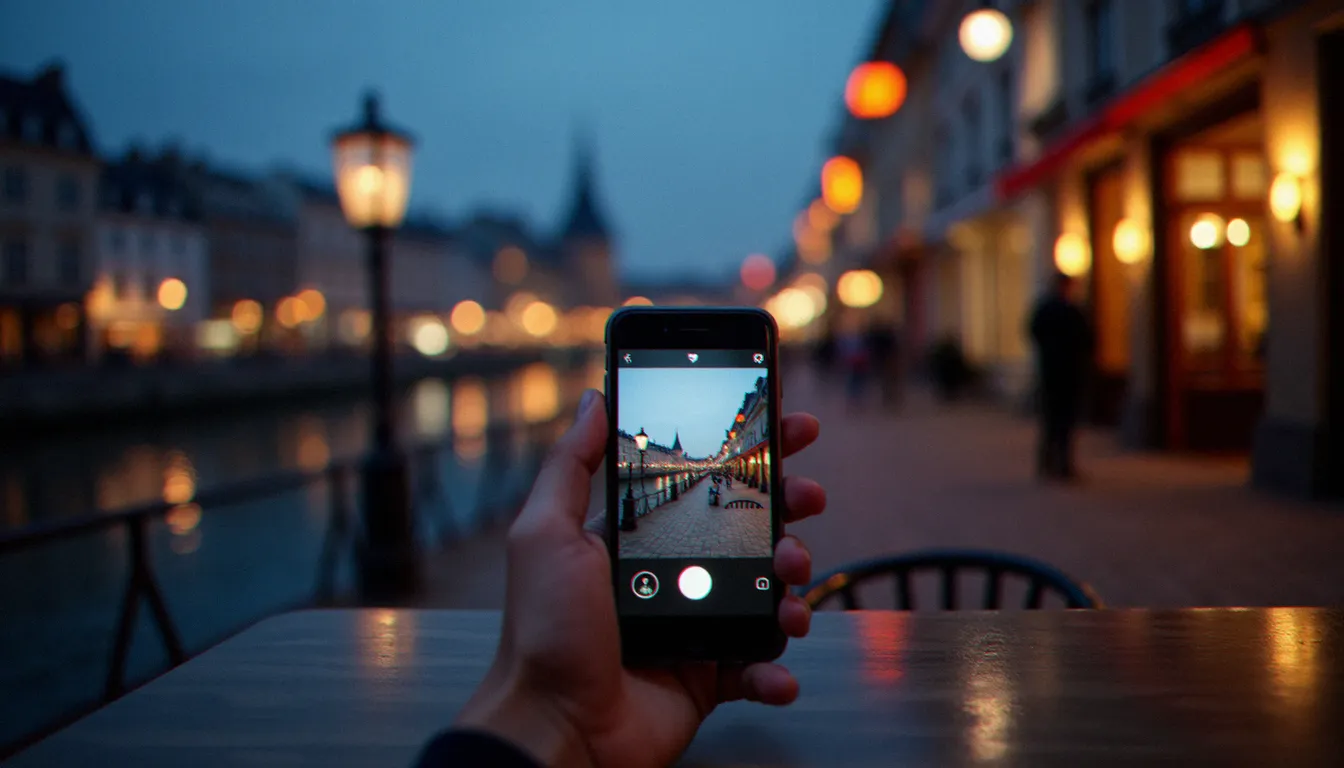 Smartphone affichant une application de rencontre floue avec la skyline de Rennes en arrière-plan, illustrant les rencontres coquines à Rennes