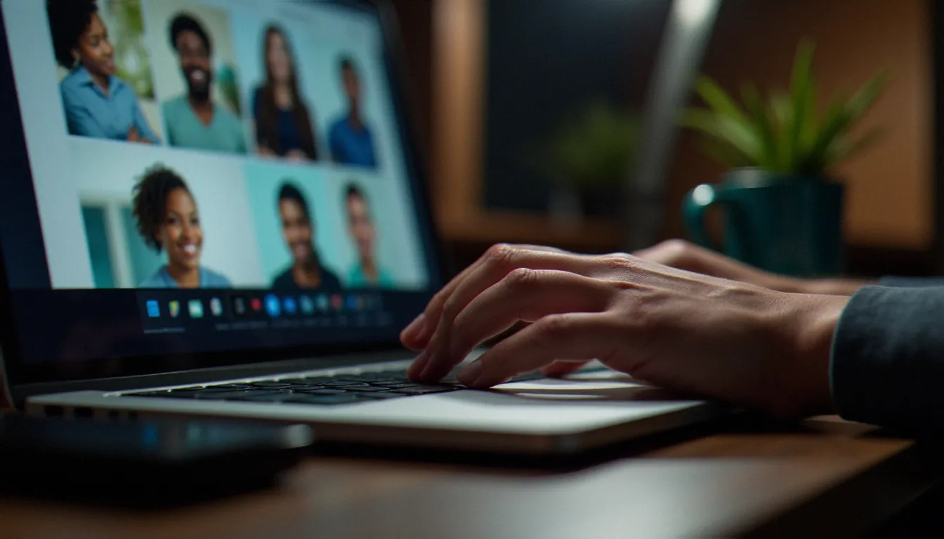 Personne analysant des profils en ligne sur un ordinateur portable, représentant la vérification des profils sur les sites de rencontre coquine
