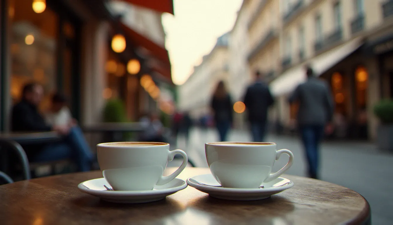 Deux tasses de café dans un café dijonnais, symbolisant une première rencontre en lieu public dans le cadre d'une rencontre coquine sécurisée