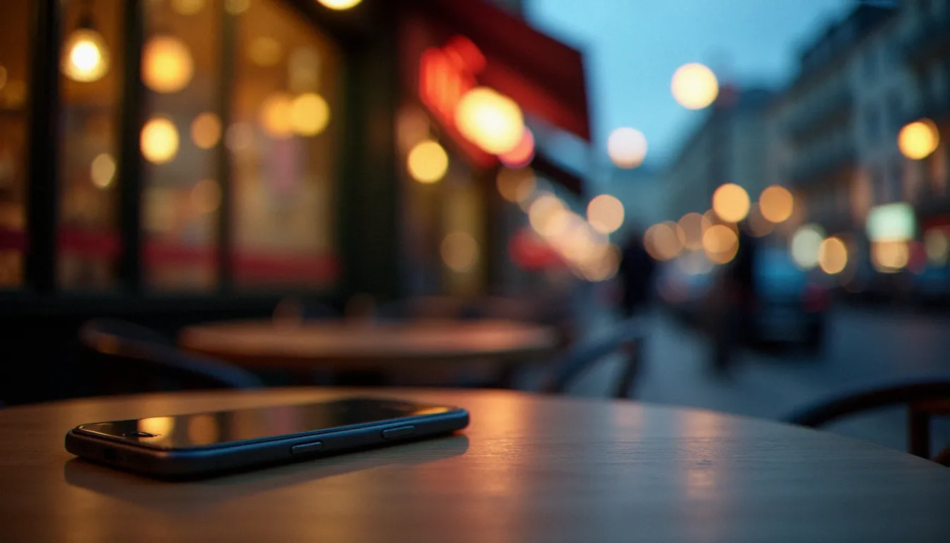 Smartphone affichant une application de rencontre floue sur une table de café, illustrant la recherche de sexe sur Dijon via les plateformes numériques