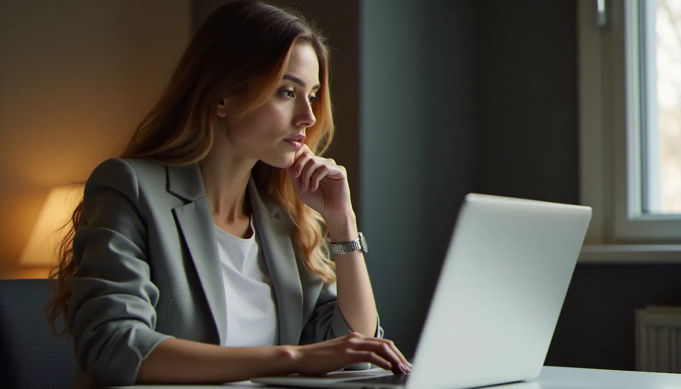 Une femme analysant un site coquin sur son ordinateur portable dans un bureau moderne, illustrant le guide pratique pour choisir une plateforme adulte fiable
