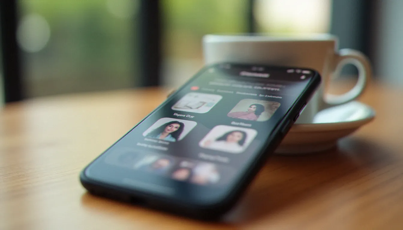 Smartphone posé sur une table avec l'interface floue d'un site de rencontre visible à l'écran, illustrant l'analyse d'une plateforme de rencontre sexy