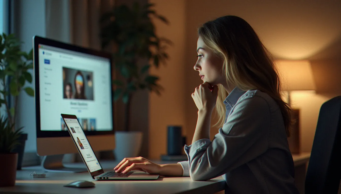 Une femme assise devant un ordinateur portable dans un bureau moderne, analysant un site de rencontre sexy avec attention et discernement