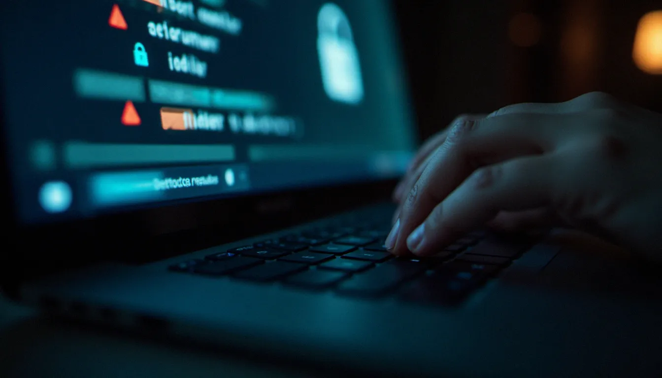 Mains tapant sur un clavier d'ordinateur portable avec des icônes de sécurité floues à l'écran, illustrant les risques d'arnaques sur les sites de rencontre gratuits