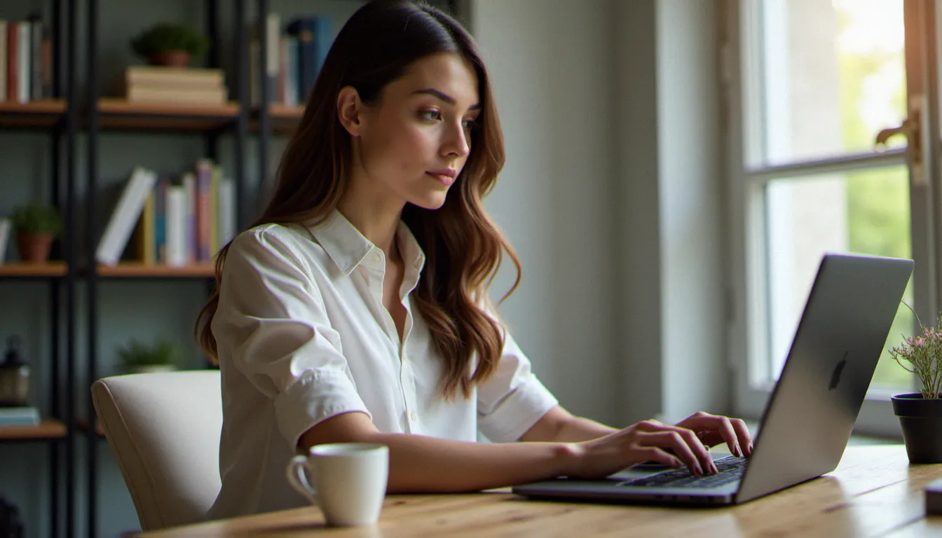 Une femme consultant un site de rencontre sur son ordinateur portable dans un bureau à domicile, illustration d'un guide sur les sites plan cul gratuits