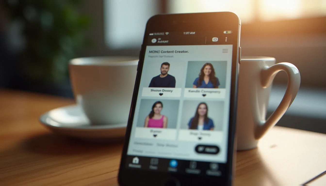 Smartphone affichant une plateforme de création de contenu par abonnement floue, illustrant l'essor des actrices indépendantes dans l'industrie adulte