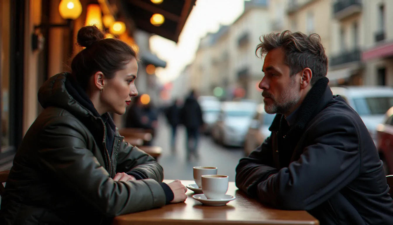 Deux personnes en conversation ouverte dans un café, symbolisant la communication intime et le dialogue autour d'une question sexe en couple