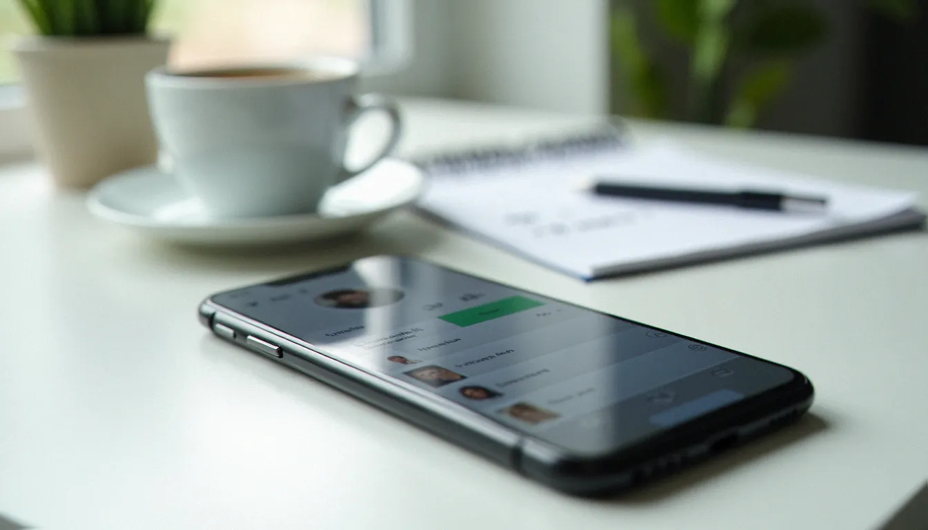 Un smartphone affichant une interface floue d'application de rencontre, posé sur un bureau avec des notes d'évaluation, illustrant l'analyse des plateformes coquines
