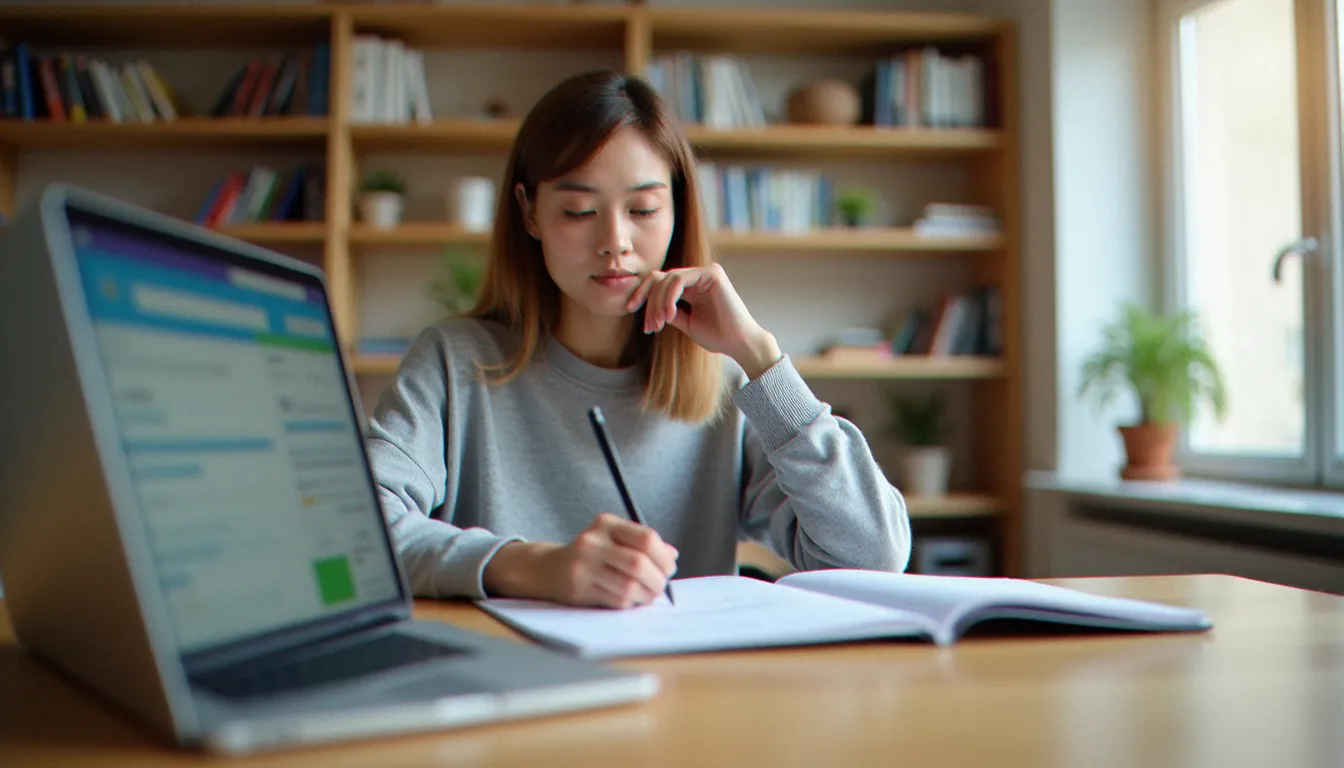 Une femme prenant des notes dans un carnet face à un ordinateur portable, illustrant la recherche d'informations sur une question sexe en ligne