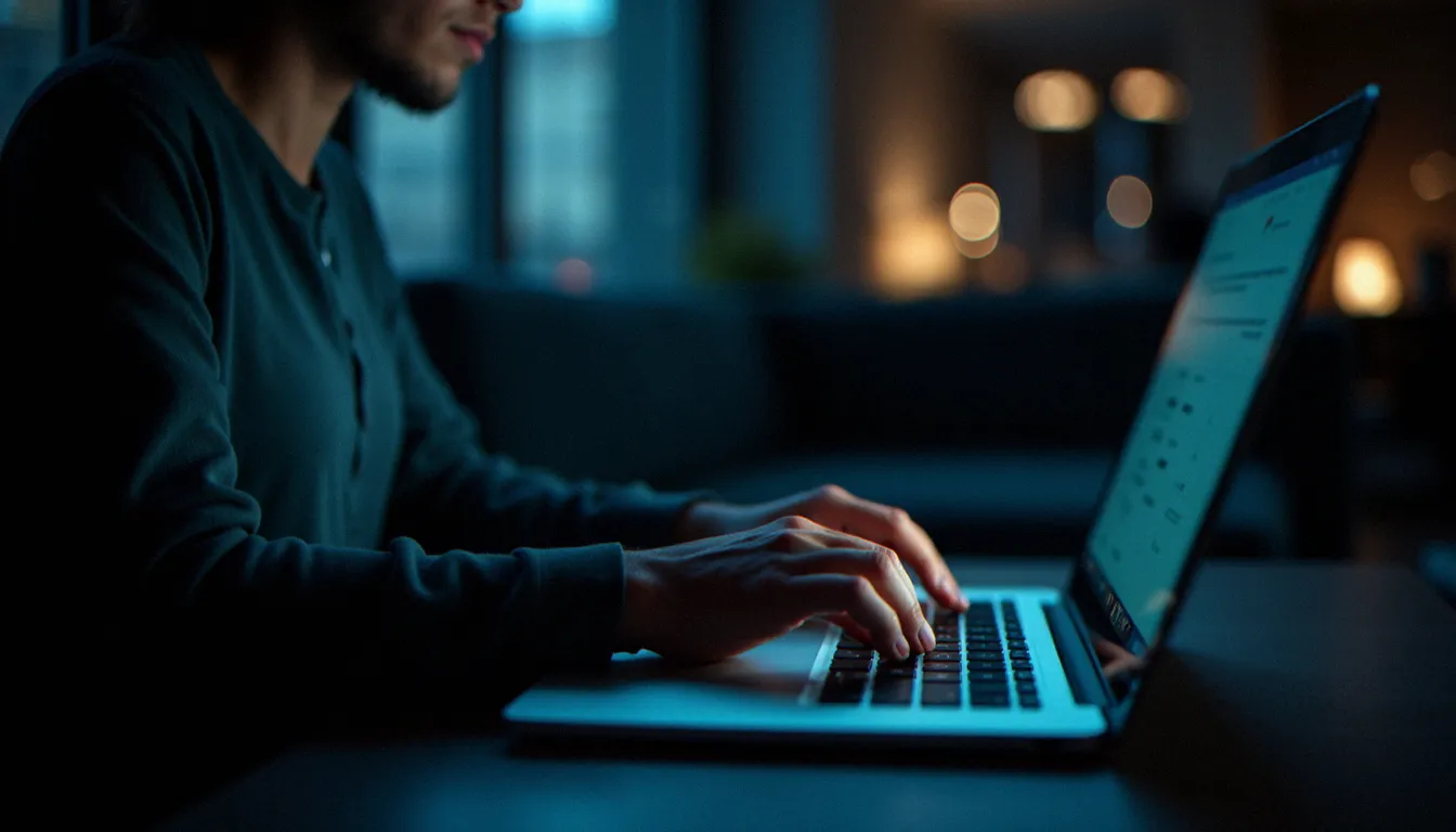 Personne tapant sur un ordinateur portable dans une pièce peu éclairée, illustrant l'utilisation d'un site de rencontre adultère en ligne