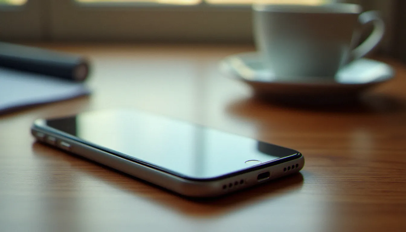 Smartphone posé face vers le bas sur un bureau en bois, évoquant la discrétion recherchée lors d'une rencontre adultère en ligne