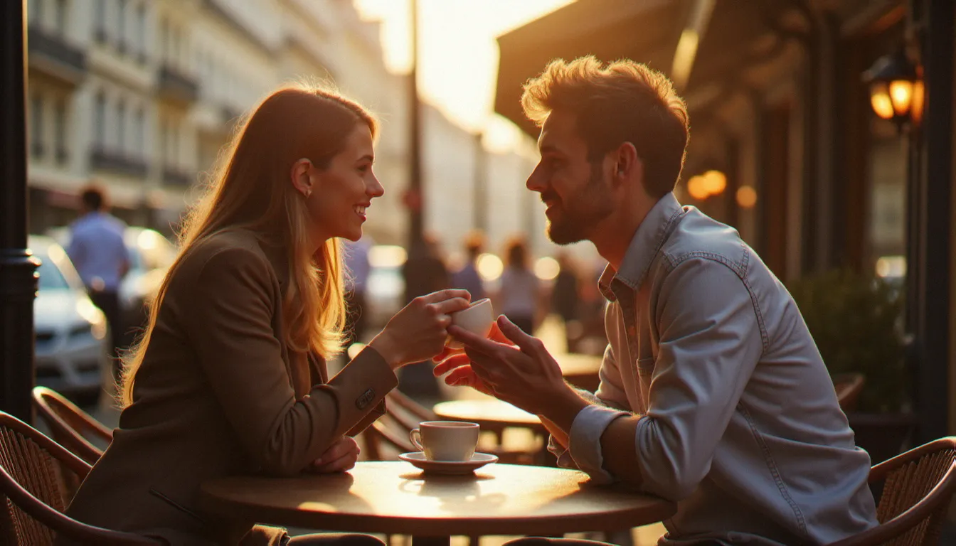 Première rencontre entre deux personnes à la terrasse d'un café français, ambiance chaleureuse, illustrant les règles de sécurité pour les rencontres coquines à Toulouse