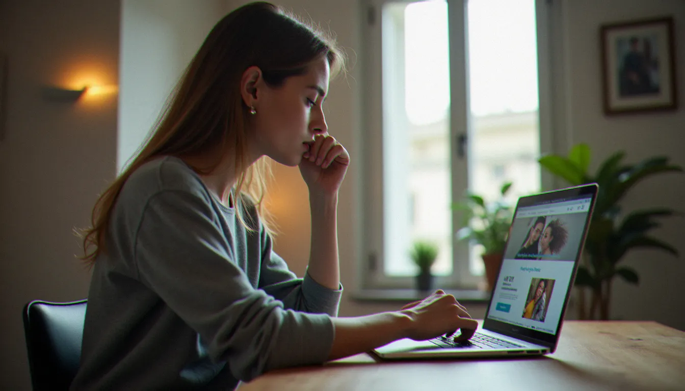 Une femme consultant un site de rencontres adultes sur son ordinateur portable, illustration du guide sur le sexe à Rouen